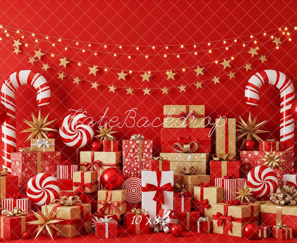 Kate Christmas Presents Candy Canes Red Backdrop Designed by Patty Roberts