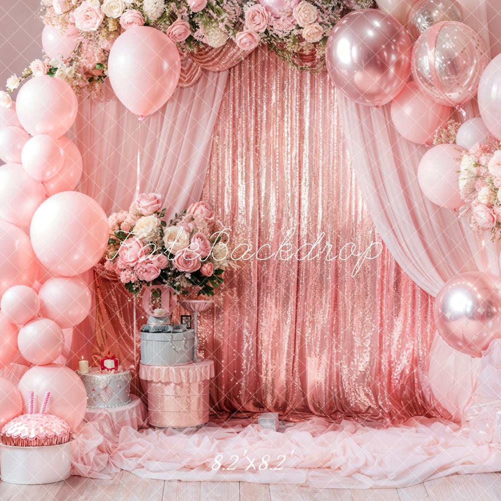 Kate Pink Balloons Pink Curtain Birthday Backdrop Designed by Emetselch - Kate Backdrop AU