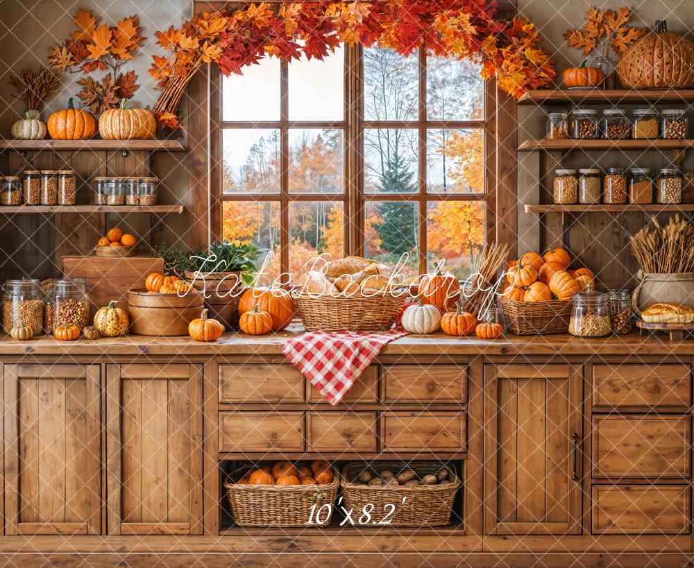 Kate Autumn Pumpkins Wooden Kitchen Fleece Backdrop Designed by Emetselch