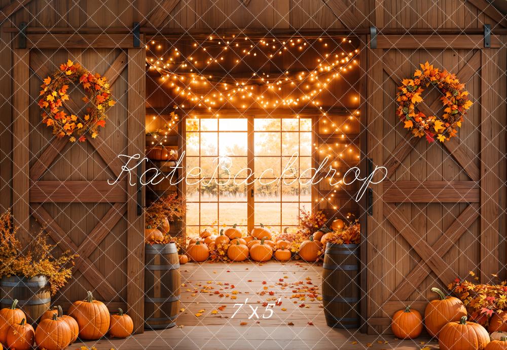 Kate Autumn Barn Pumpkins Lights Backdrop Designed by Emetselch