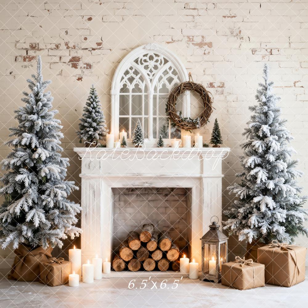 Kate Christmas Fireplace Frosted Trees Candles Backdrop Designed by Emetselch