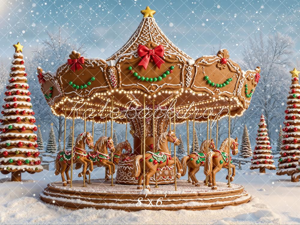 Kate Christmas Carousel Gingerbread Fleece Backdrop Designed by Emetselch