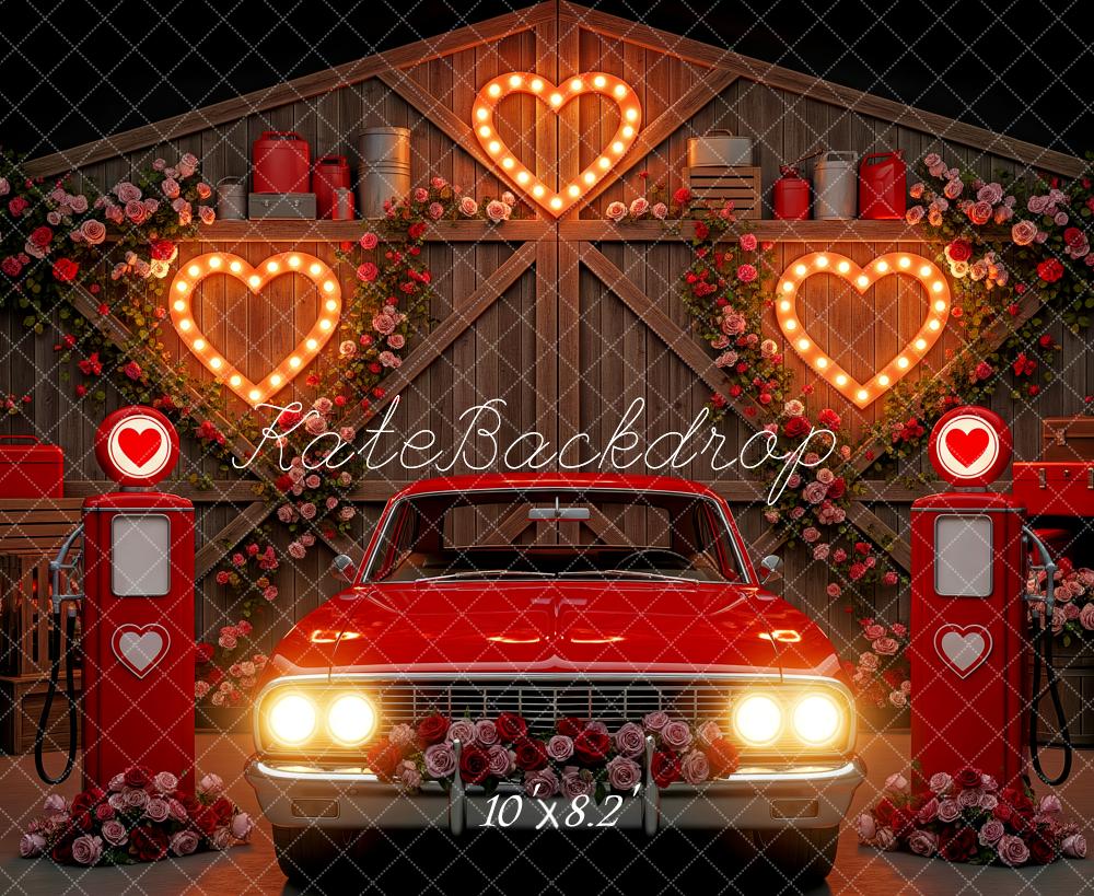 Kate Valentine Red Car Petrol Pumps Lighted Hearts Backdrop Designed by Patty Roberts