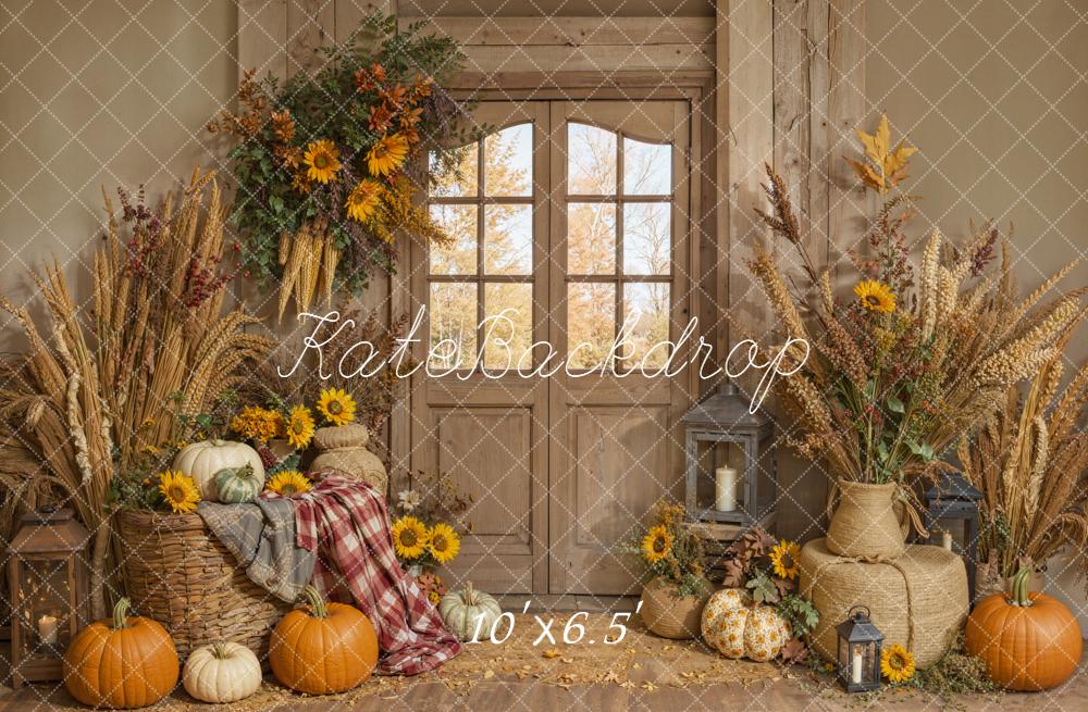 Kate Fall Pumpkins Rustic Wheat Backdrop Designed by Emetselch