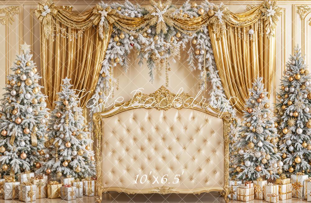 Kate Christmas Gold Curtain Snowy Trees Sofa Fleece Backdrop Designed by Emetselch - Kate Backdrop AU