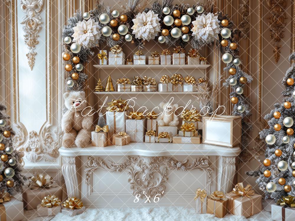 Kate Christmas Gold White Presents Shelf Garland Backdrop Designed by Mini MakeBelieve - Kate Backdrop AU
