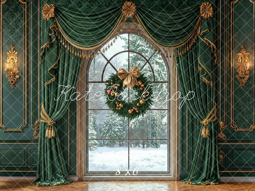 Kate Christmas Wreath Green Curtains Window Fleece Backdrop Designed by Emetselch - Kate Backdrop AU