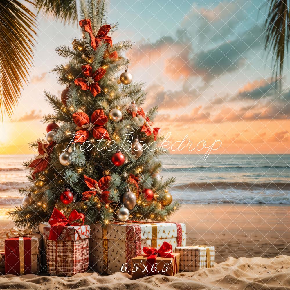 Kate Christmas Tree Presents Beach Sunset Backdrop Designed by Emetselch