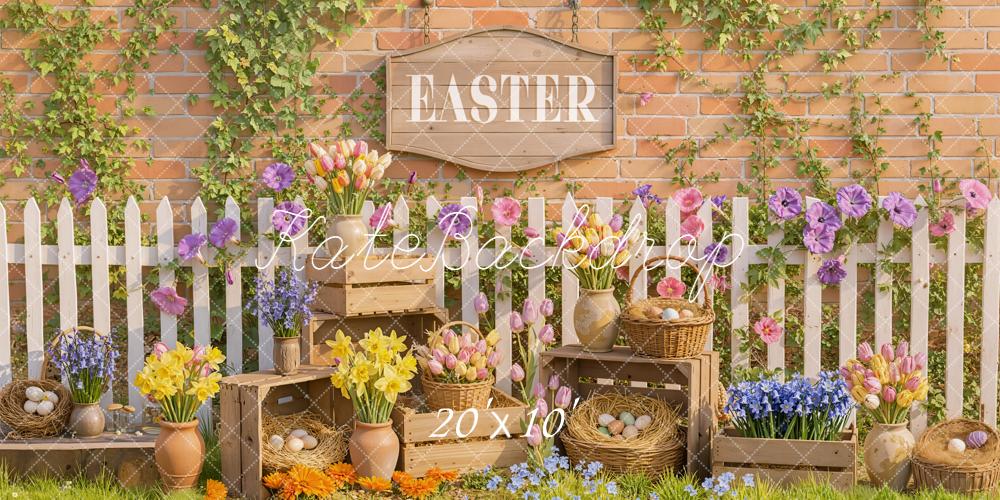 Kate Easter Flowers Eggs Brick Wall Backdrop Designed by Emetselch