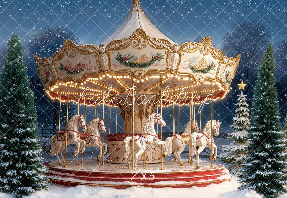Kate Carousel Snow Winter Trees Backdrop Designed by Emetselch