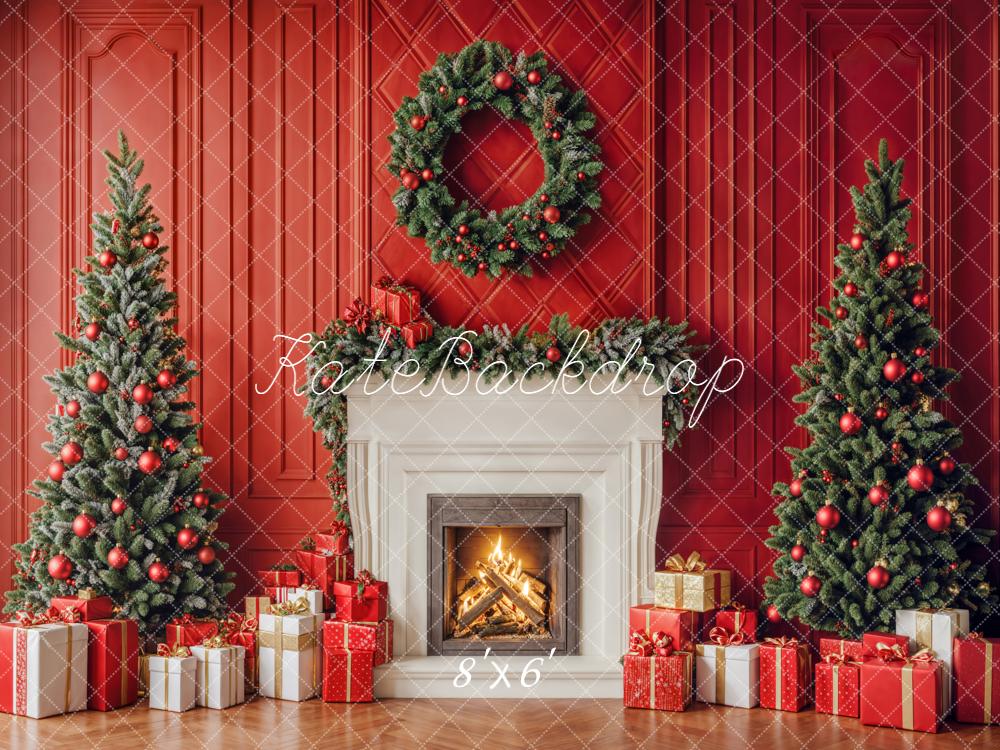 Kate Christmas Red Wall Fireplace Trees Gifts Backdrop Designed by Emetselch