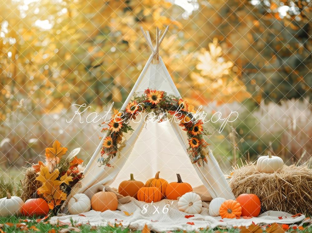 Kate Autumn Teepee Pumpkins Hay Bales Backdrop Designed by Patty Roberts