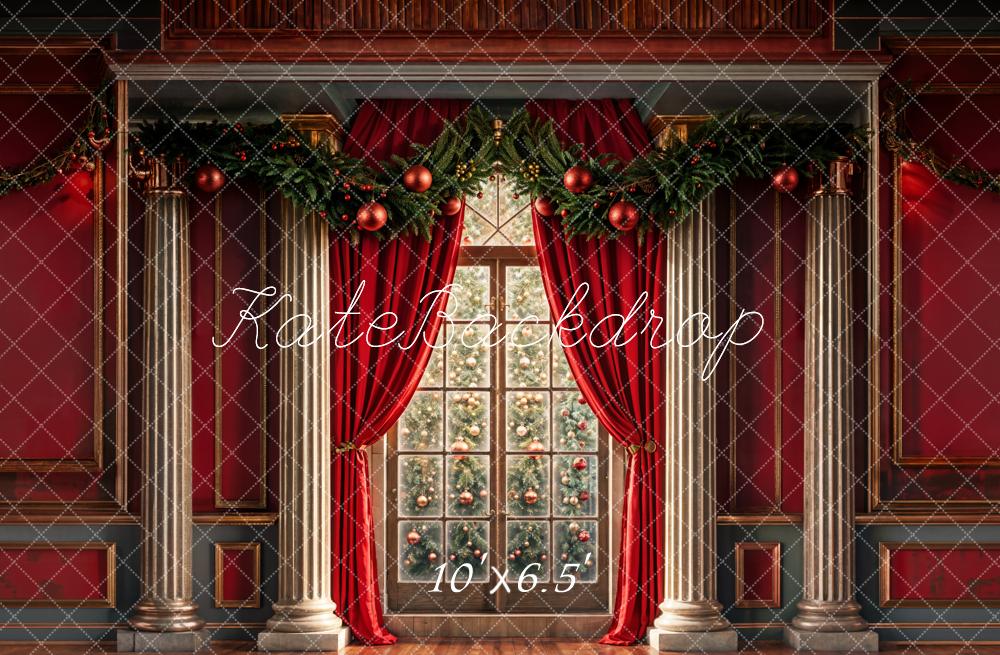 Kate Christmas Window Tree Red Curtains Backdrop Designed by Chain