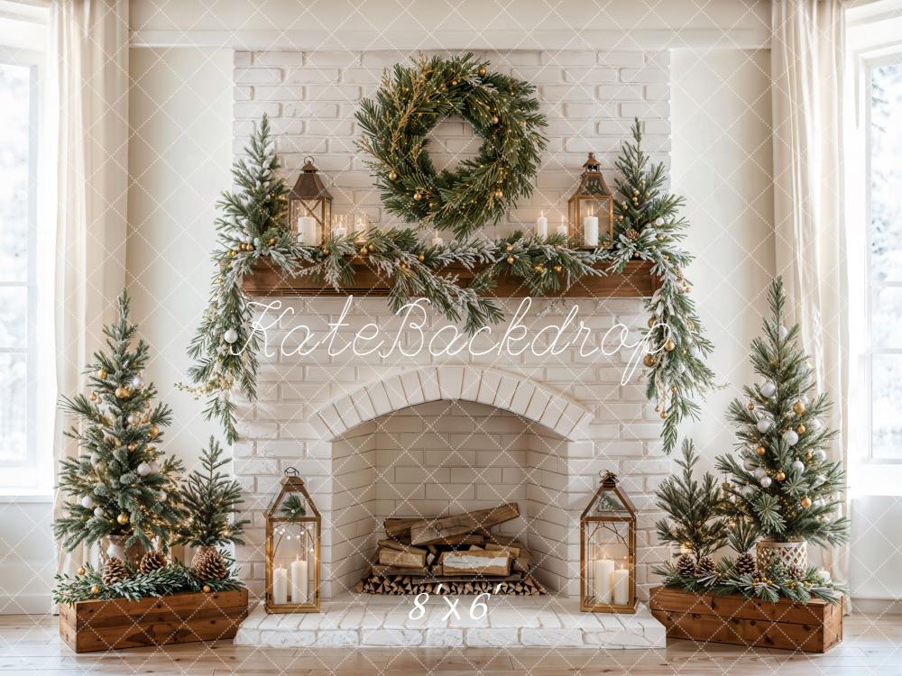 Kate Christmas Fireplace Trees Fleece Backdrop Designed by Emetselch