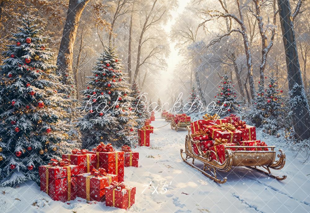 Kate Christmas Snowy Forest Sled Presents Backdrop Designed by Emetselch