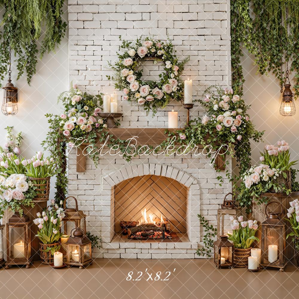 Kate Spring Brick Fireplace Flower Garland Candles Backdrop Designed by Emetselch
