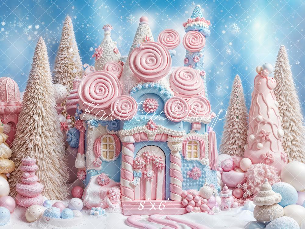 Kate Christmas Candy House Snowy Fleece Backdrop Designed by Emetselch