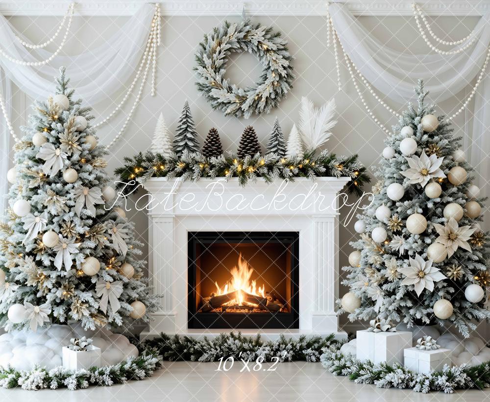 Kate Christmas Fireplace Snowy Trees Backdrop Designed by Mini MakeBelieve