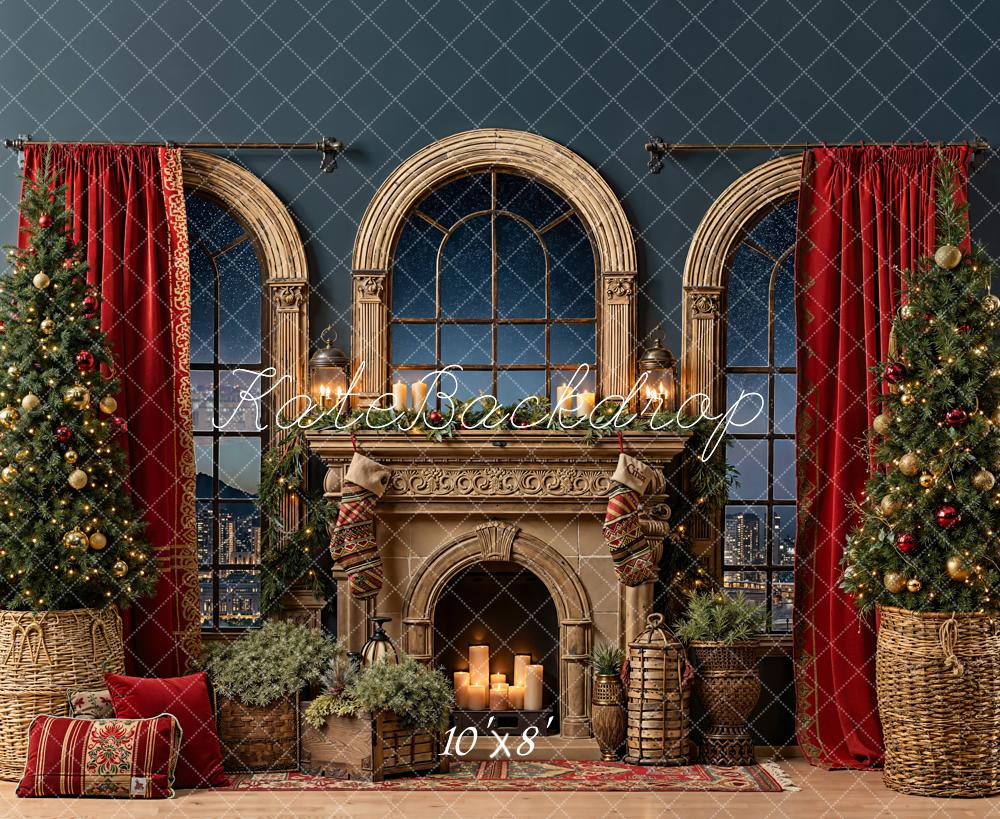Kate Christmas Fireplace Window Night Fleece Backdrop Designed by Emetselch - Kate Backdrop AU