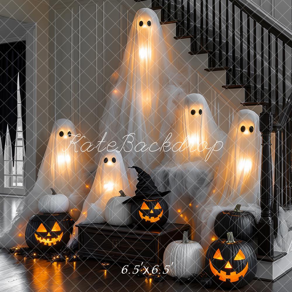 15% OFF Kate Halloween Ghosts Pumpkins Cobwebs Stairs Backdrop Designed by Mini MakeBelieve - Kate Backdrop AU