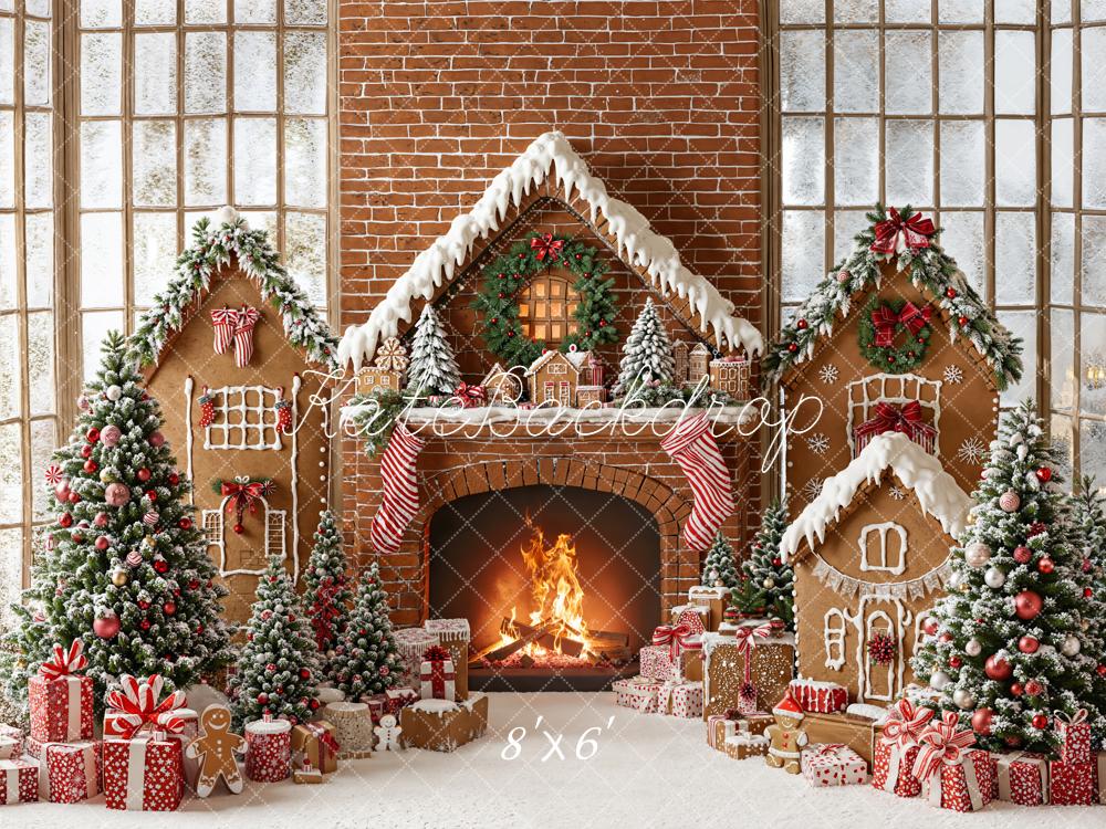 Kate Christmas Gingerbread Fireplace Fleece Backdrop Designed by Emetselch