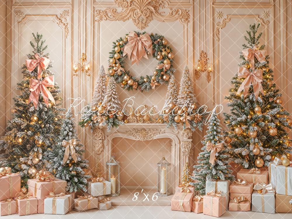 Kate Christmas Fireplace Trees Wreath Fleece Backdrop Designed by Emetselch - Kate Backdrop AU