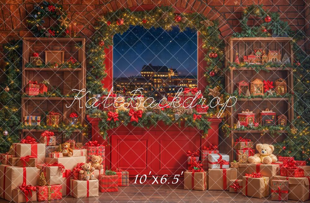 Kate Red Christmas Window Presents Fleece Backdrop Designed by Emetselch