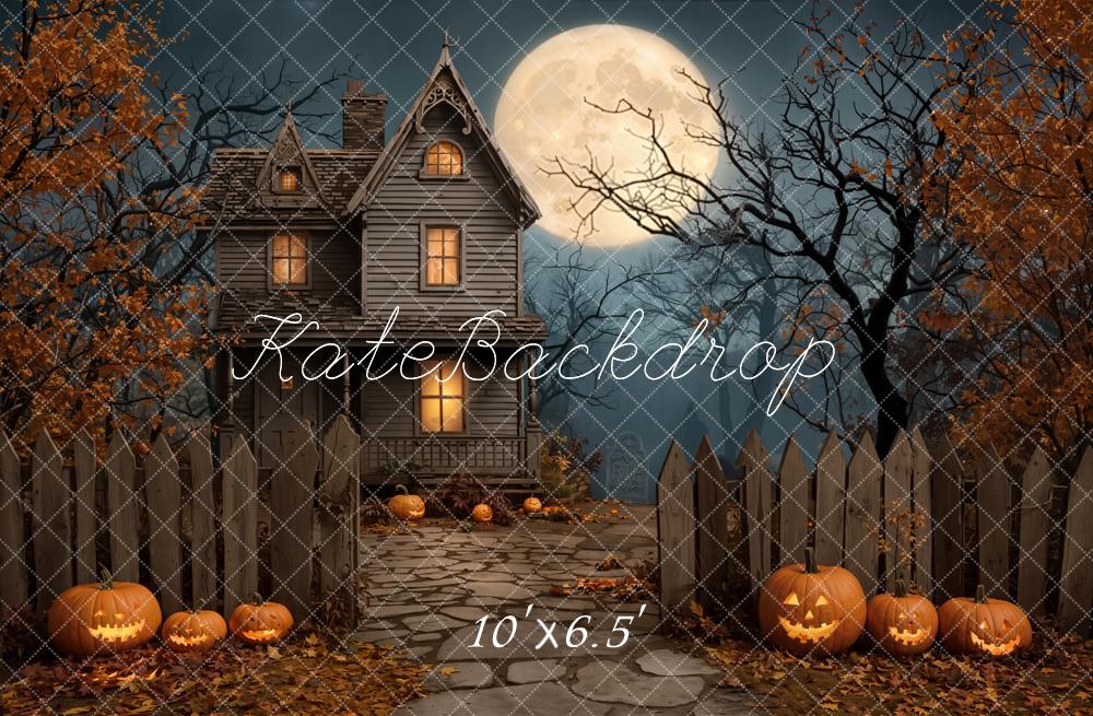 Kate Halloween Haunted House Pumpkins Full Moon Fleece Backdrop Designed by Emetselch