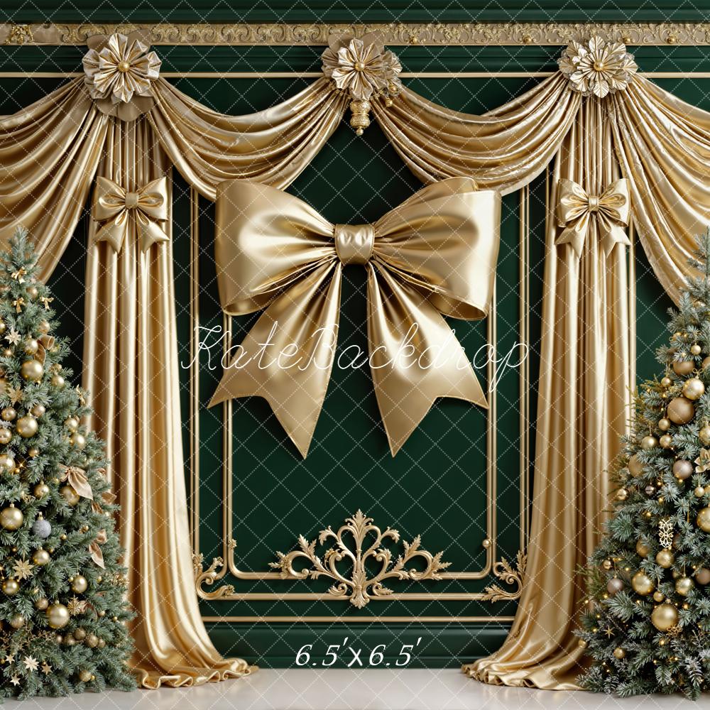 Kate Christmas Gold Bow Trees Curtains Backdrop Designed by Emetselch