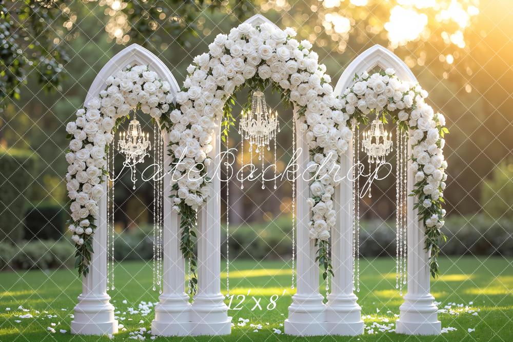 Kate Wedding Flower Arch Chandelier Columns Backdrop Designed by Mini MakeBelieve