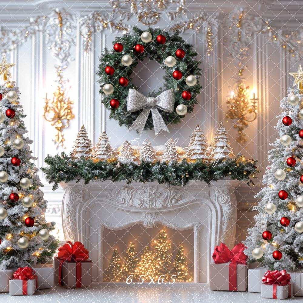 Kate Christmas Trees Fireplace Wreath Gifts Backdrop Designed by Mini MakeBelieve - Kate Backdrop AU