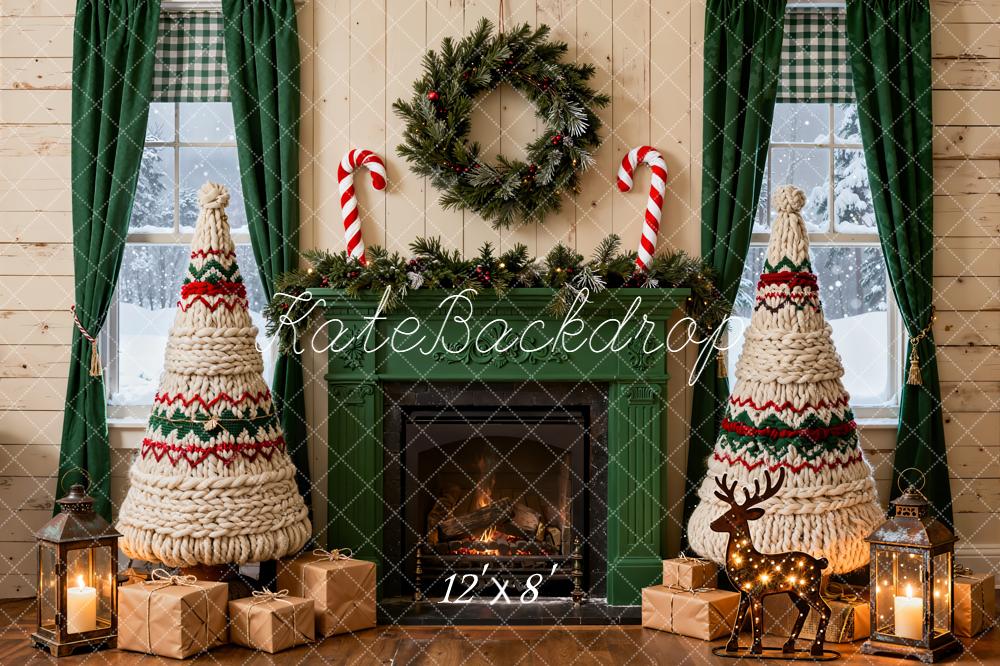 Kate Christmas Fireplace Wreath Knitted Trees Fleece Backdrop Designed by Emetselch