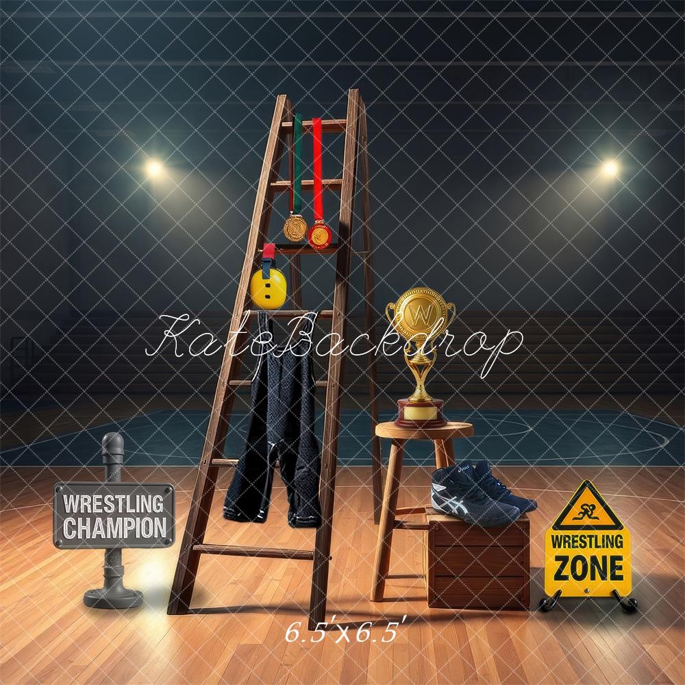 Kate Wrestling Champion Medals Shoes Trophy Gym Backdrop Designed by Laura Bybee - Kate Backdrop AU