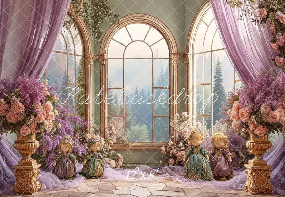 Kate Vintage Windows Floral Curtains Dolls Fleece Backdrop Designed by Emetselch