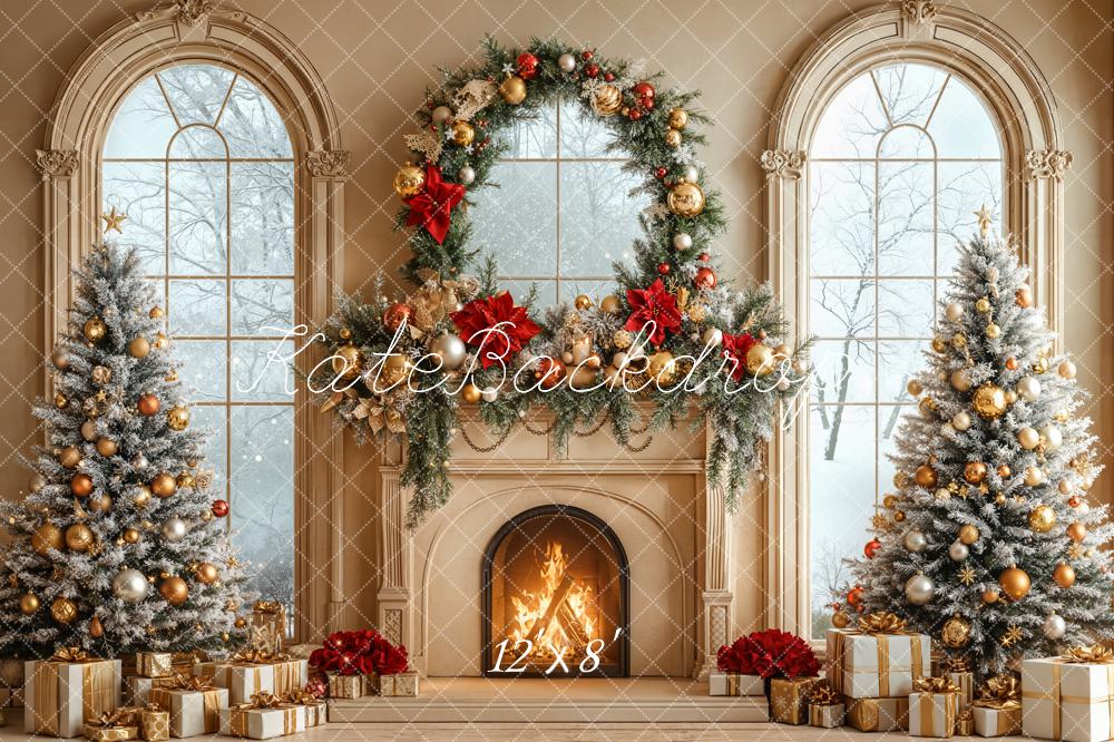 Kate Christmas Fireplace Wreath Windows Fleece Backdrop Designed by Emetselch - Kate Backdrop AU