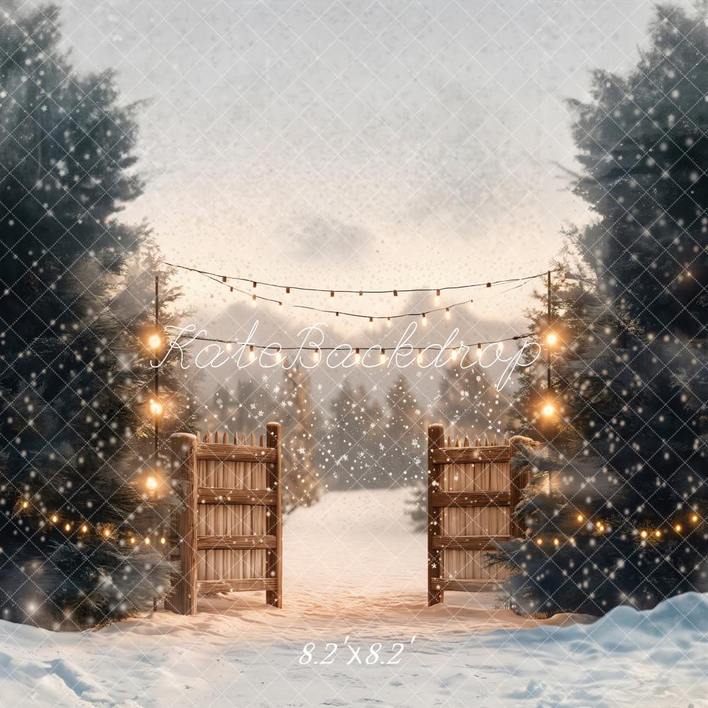 Kate Winter Snow Gate Pine Trees Lights Backdrop Designed by Chain - Kate Backdrop AU