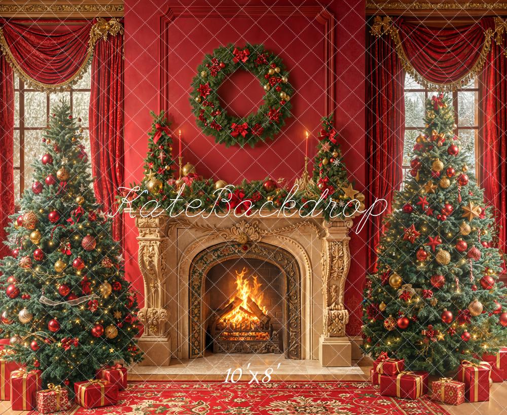 Kate Christmas Fireplace Red Wall Fleece Backdrop Designed by Emetselch - Kate Backdrop AU