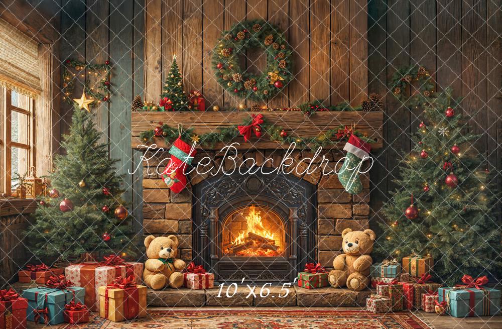 Kate Christmas Fireplace Trees Presents Fleece Backdrop Designed by Emetselch