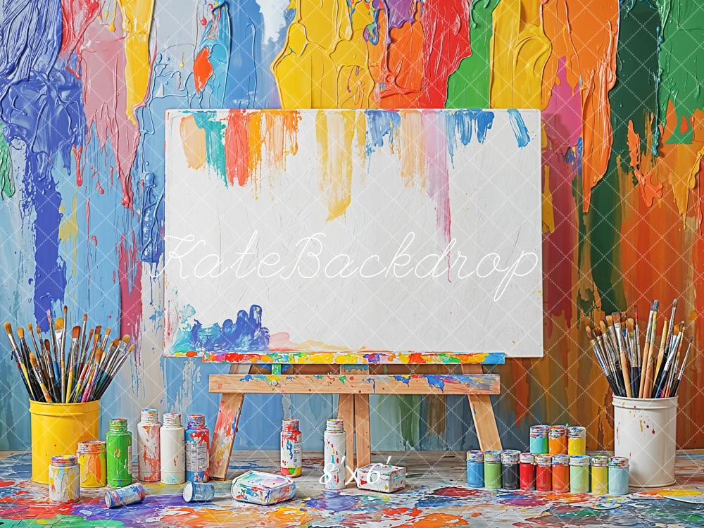 Kate Art Studio Paint Brushes Colourful Wall Fleece Backdrop Designed by Emetselch - Kate Backdrop AU