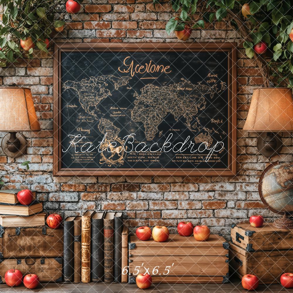 Kate Vintage Brick Wall World Map Apples Backdrop Designed by Emetselch - Kate Backdrop AU
