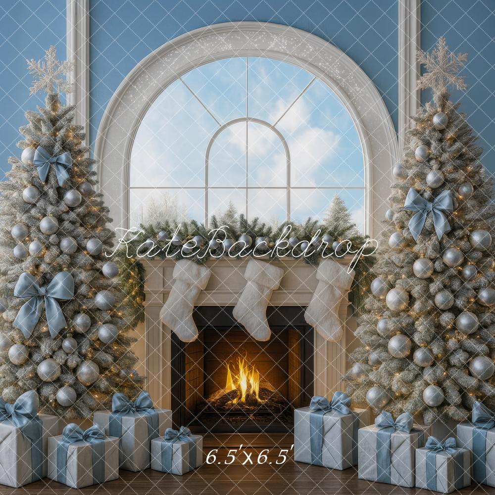 Kate Christmas Tree Fireplace Blue Backdrop Designed by Mini MakeBelieve