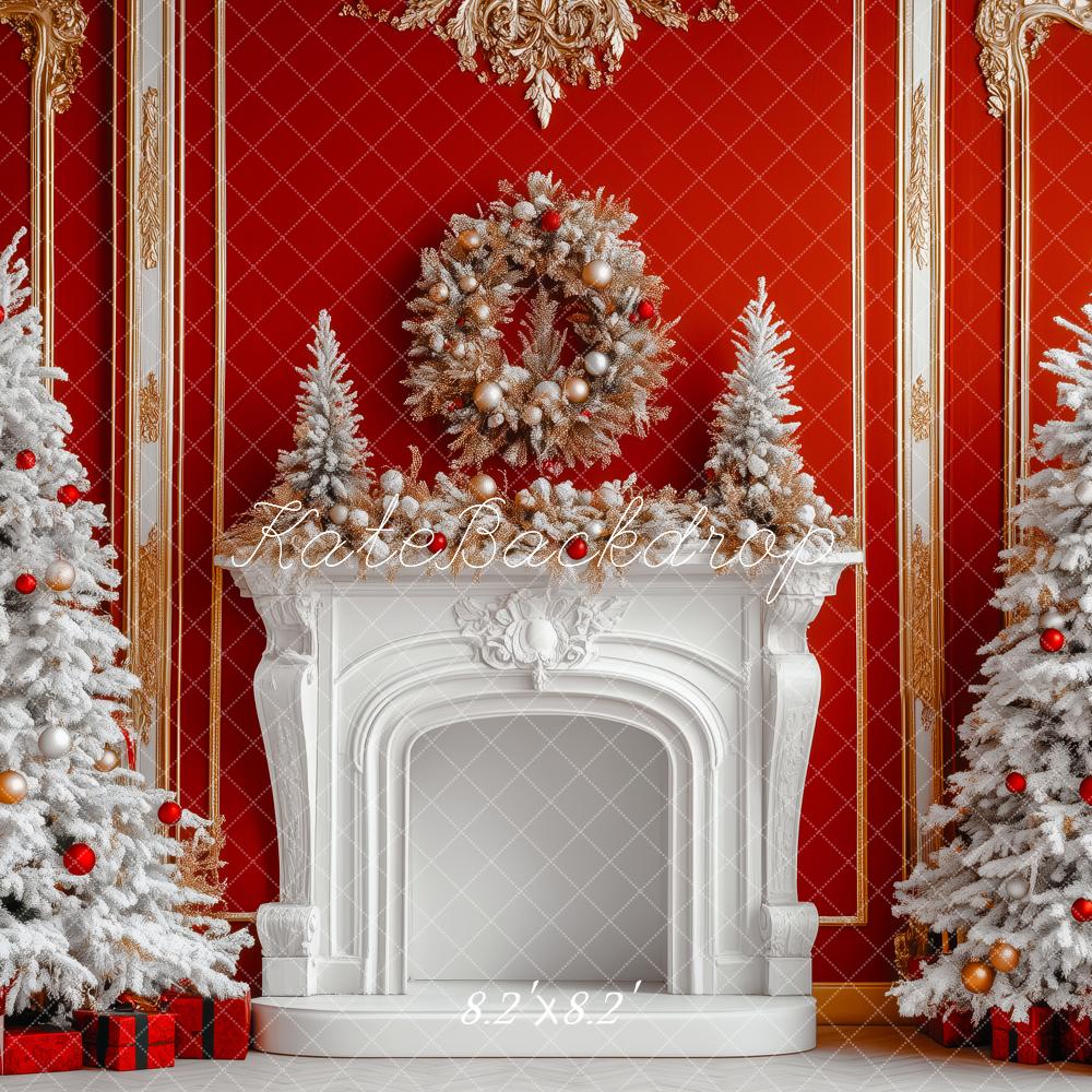 Kate Christmas White Trees Fireplace Backdrop Designed by Patty Roberts - Kate Backdrop AU