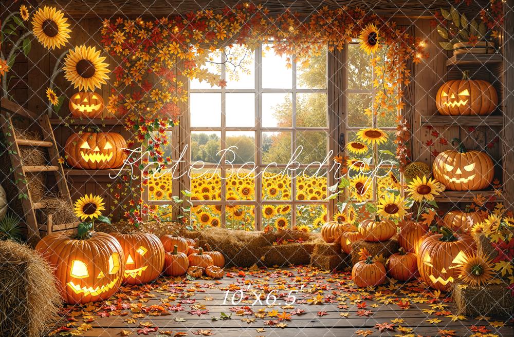 Kate Halloween Pumpkins Sunflowers Autumn Fleece Backdrop Designed by Chain