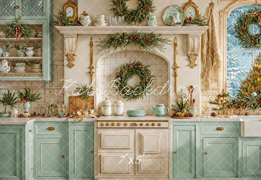 Kate Christmas Kitchen Green Cabinets Backdrop Designed by Emetselch - Kate Backdrop AU