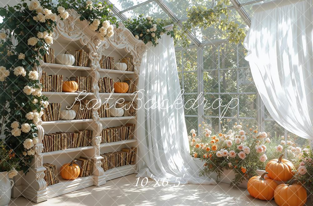 Kate Autumn Bookshelf Pumpkins Backdrop Designed by Mini MakeBelieve