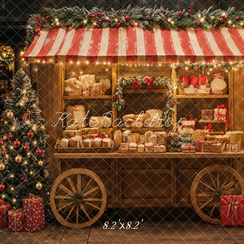 Kate Christmas Bakery Cart Red Stripe Backdrop Designed by Emetselch