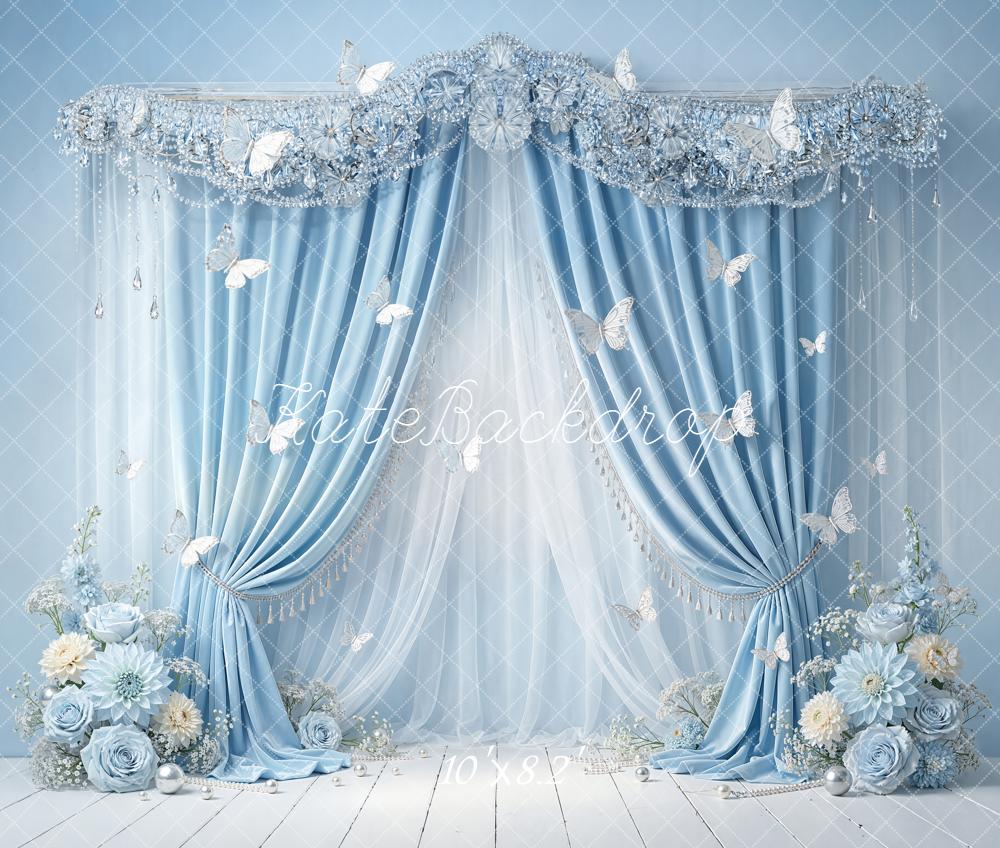 Kate Blue Curtain Floral Butterfly Elegant Backdrop Designed by Emetselch