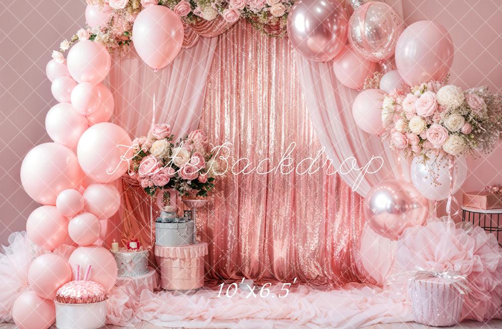 Kate Pink Balloons Pink Curtain Birthday Backdrop Designed by Emetselch - Kate Backdrop AU