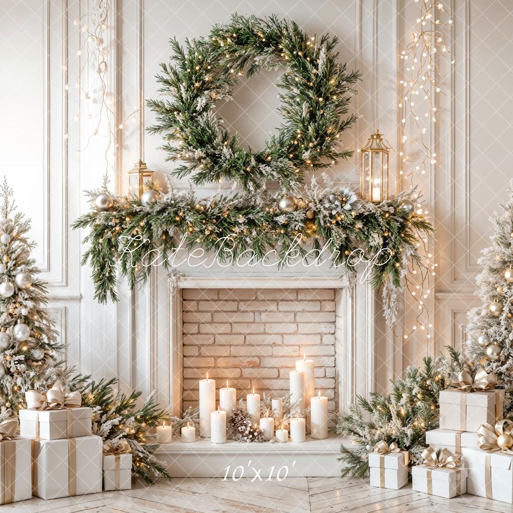 Kate Christmas Fireplace Wreath Trees Backdrop Designed by Emetselch