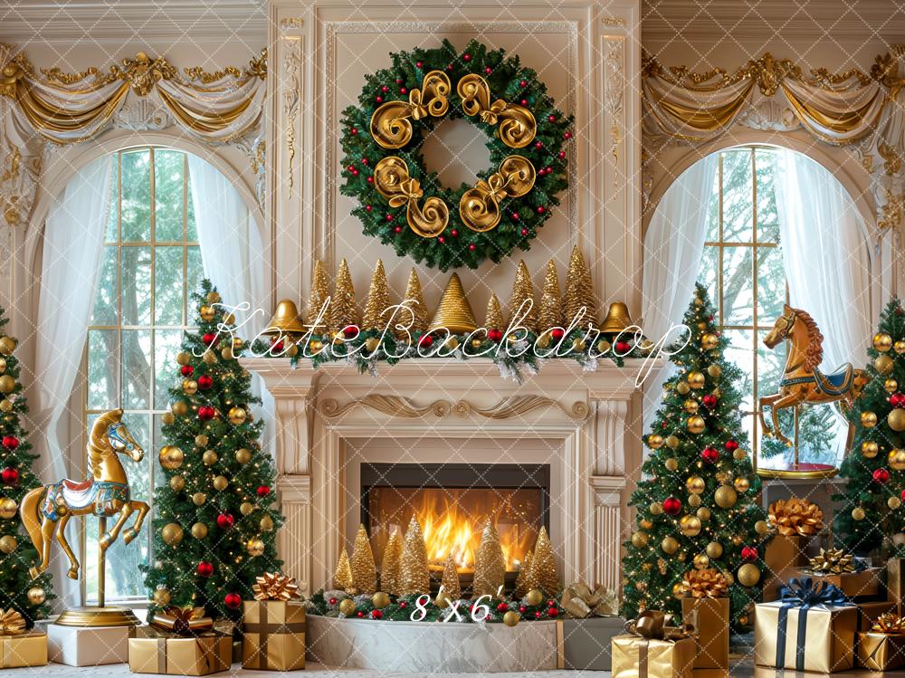 Kate Christmas Fireplace Wreath Carousel Trees Backdrop Designed by Mini MakeBelieve